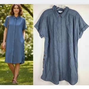 Pure Jill Blue Textured Cotton Striped Short Sleeve Button Midi Shirt Dress L